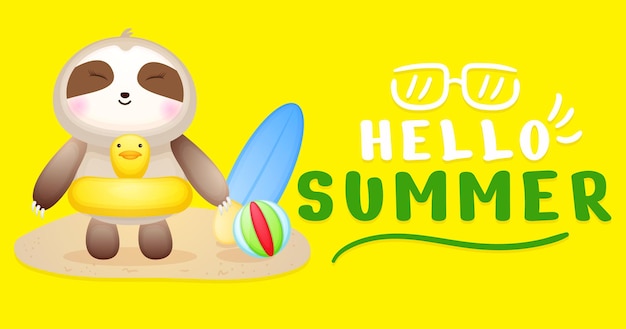 Doodle fofo - preguiça de bebê com banner de saudação de verão