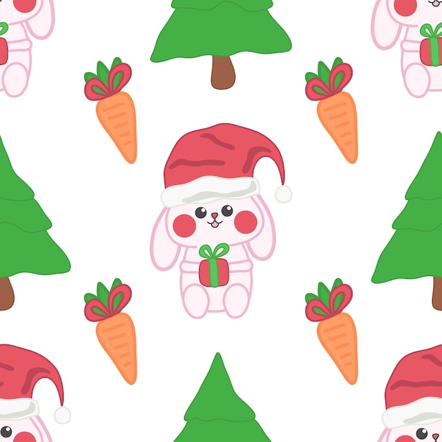 Doodle fofo vetor de coelhinho de natal sem costura padrão