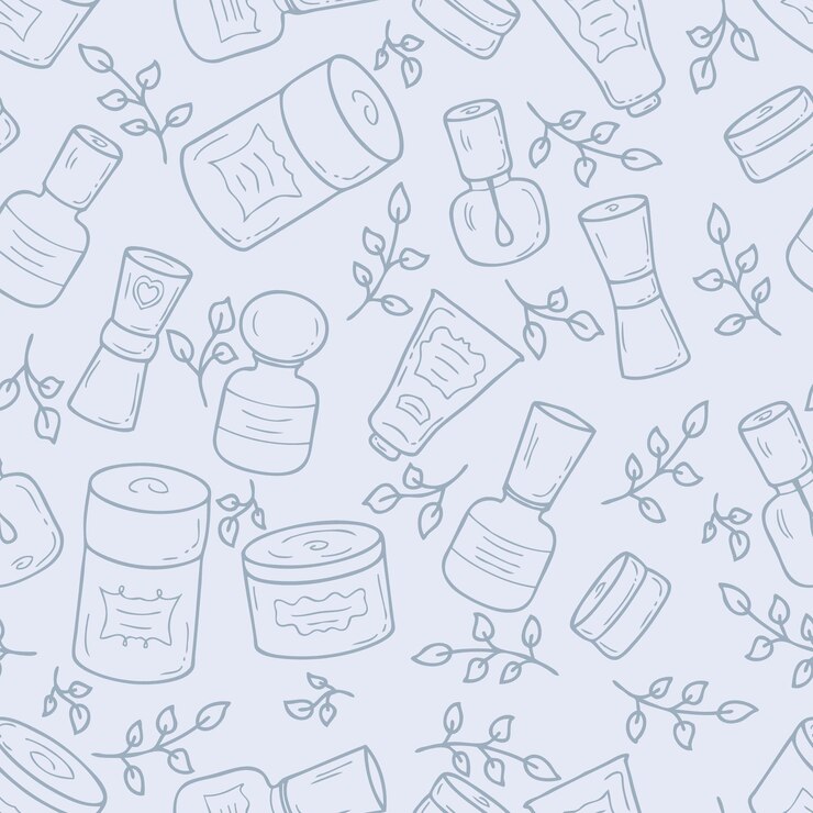 Doodle frascos cosméticos com rótulos e folhas sem costura padrão Perfeito para scrapbooking poster têxtil e estampas Ilustração vetorial desenhada à mão para decoração e design