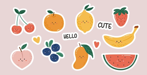 Doodle frutas conjunto ilustração kawaii frutas clipart conjunto frutas stickers clipart verão