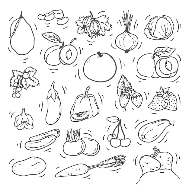 Vetor doodle frutas e vegetais desenhados à mão em fundo branco