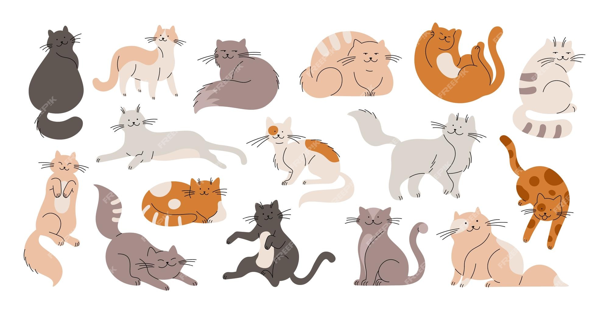 A coleção de gatinhos fofos fofos joga ou dorme. vector felino fofo