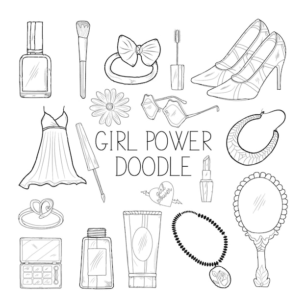 Doodle Girl Power Vector Pack Girl Power Clipart Ilustração de desenho à mão da Power Girl