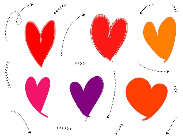 Doodle hearts uma coleção de corações de amor coloridos desenhados à mão ilustração vetorial