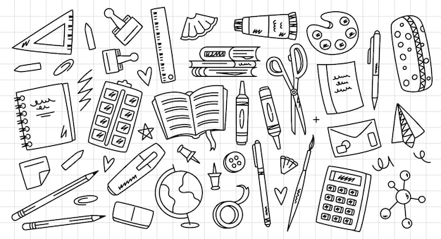 Doodle ícone da escola Estudo de papelaria desenho animado ferramentas de educação e suprimentos criança estudante caderno lápis régua livros escola primária e universidade aprender conceito conjunto vetorial
