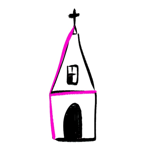 Doodle ícone da igreja de construção cristã com cruz católica Ilustração vetorial símbolo tradicional esboçado
