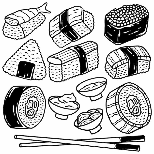 Doodle ícones de sushi ilustração vetorial