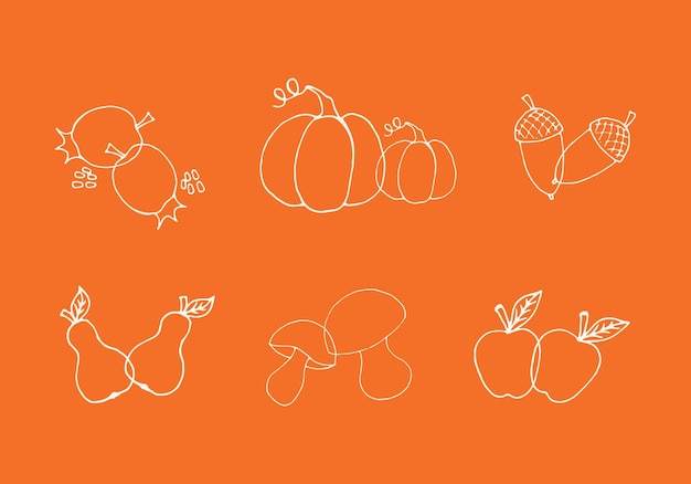 Doodle ícones outono conjunto de frutas e legumes de contorno