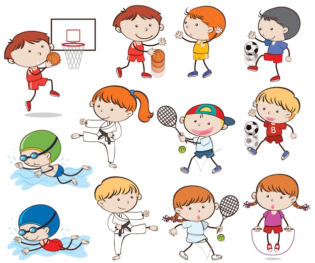 Vetor doodle kids fazendo atividades esportivas