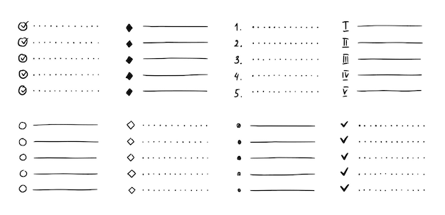 Doodle lista de balas esboço desenhado à mão para fazer a lista de verificação planejador de papel de tarefa de agenda de caderno isolado