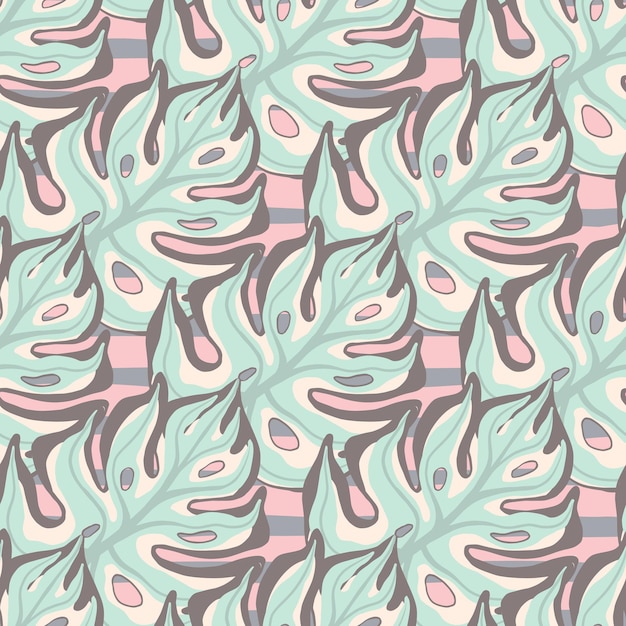 Vetor doodle monstera azul deixa silhuetas padrão sem emenda. fundo rosa pastel. cenário exótico natural. projetado para design de tecido, impressão têxtil, embalagem, capa. ilustração vetorial.