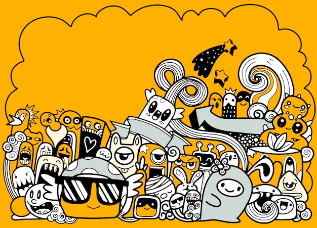 Doodle monstro bonito com fundo copyspace, mão desenhando doodle