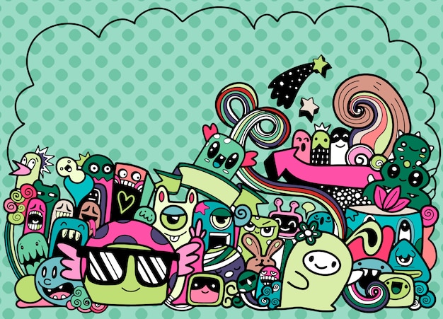 Doodle monstro bonito com fundo copyspace, mão desenhando doodle