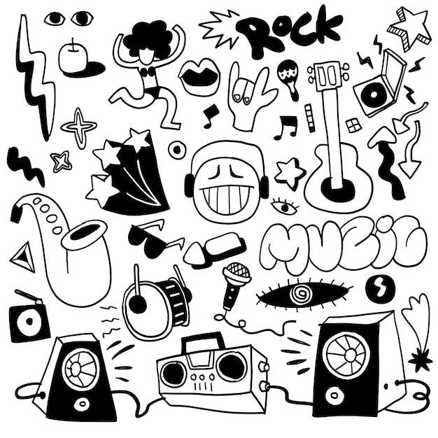 Doodle musical desenhado à mão com instrumentos e elementos divertidos