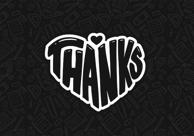 Vetor doodle obrigado tipografia em forma de coração cartão de agradecimento fundo de banner com decoração de tema de escola doodle