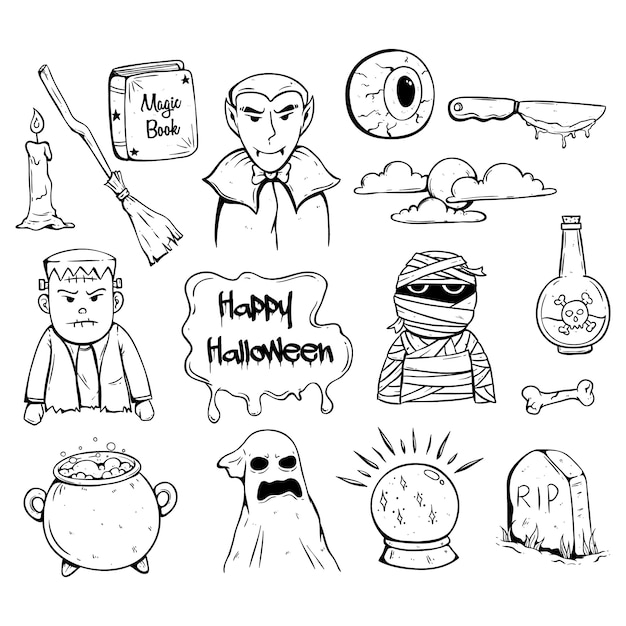 Doodle ou mão desenhada halloween ícones com personagem assustador