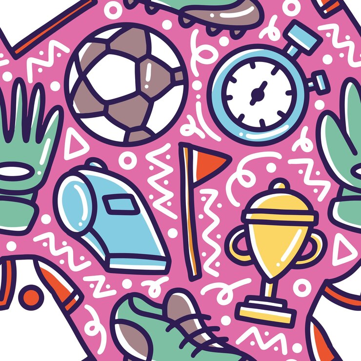 Vetor doodle padrão de desenho de mão de futebol com ícones e elementos de design