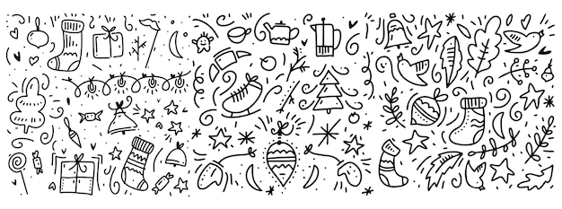 Doodle padrão de elementos de ano novo e inverno. isolado no fundo branco.