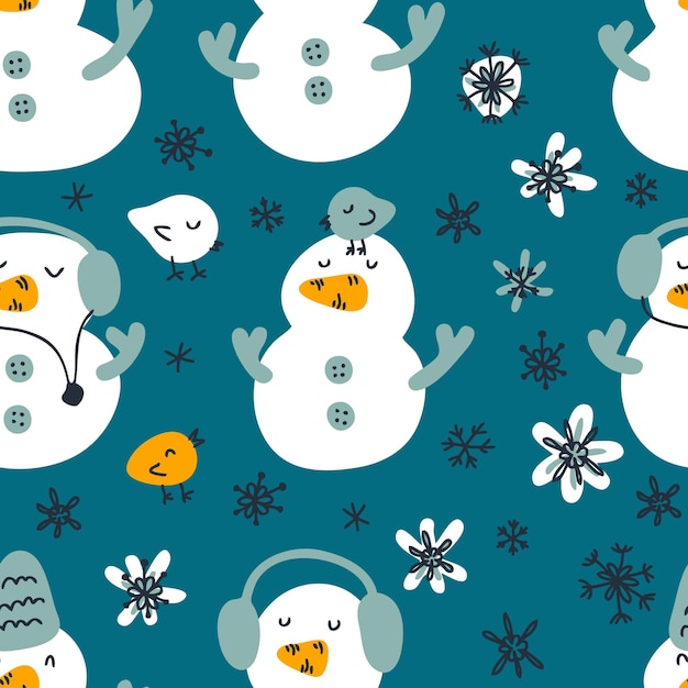 Doodle padrão perfeito com flocos de neve de bonecos de neve e pássaros impressão de inverno para tecido de papel tee ilustração vetorial desenhada à mão para decoração e design