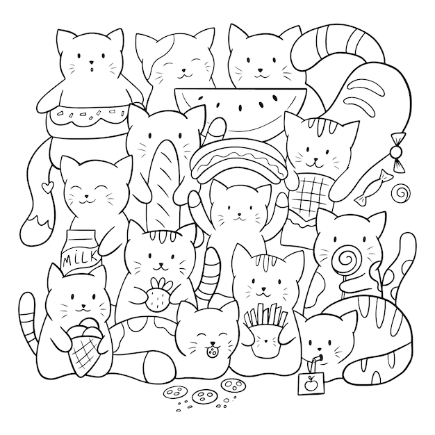 Desenho de página para colorir de rabisco kawaii bonito animal de desenho  de gato