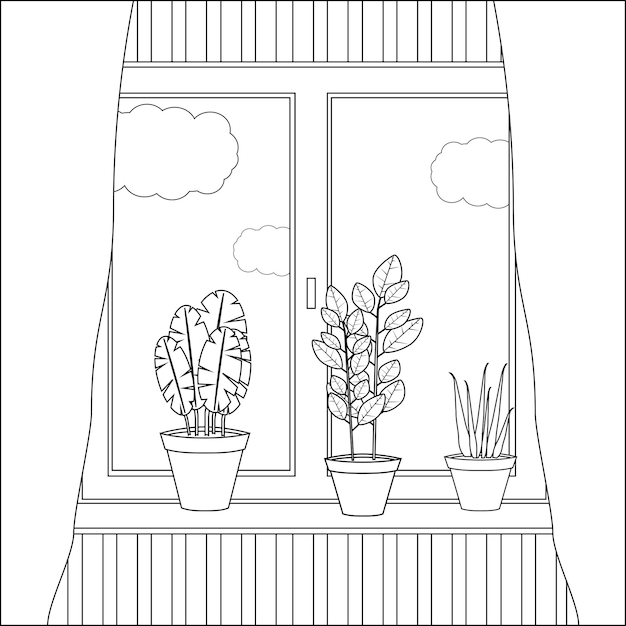 Doodle paisagem na janela para colorir para adultos Fantástica arte gráfica Ilustração simples desenhada à mão