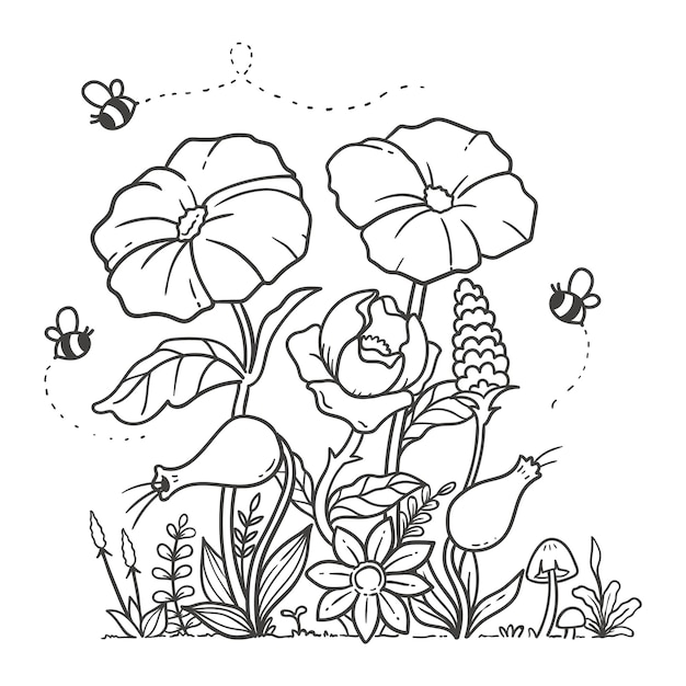 Vetor doodle para colorir flores do jardim da natureza