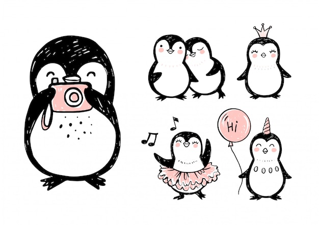 Doodle pinguins, conjunto de mão desenhada de animais engraçados. personagem de pinguim no estilo de desenho.