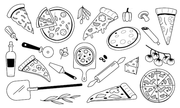 Doodle pizza esboço de comida italiana esboço cogumelos calabresa queijo tomate azeite e massa de pizza coleção de ingredientes Conjunto gráfico de menu de restaurante vetorial