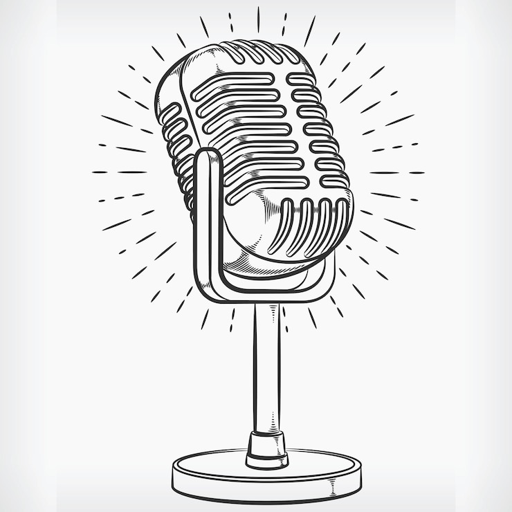 Vetor doodle podcasting microfone mão desenho esboço