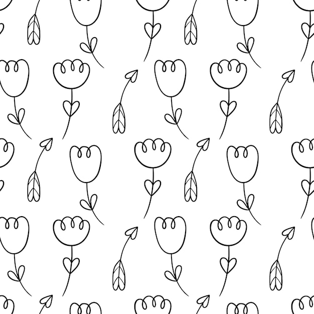 Doodle preto delineia flores e flechas sem costura padrão