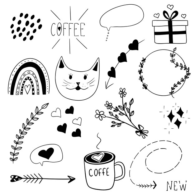 Vetor doodle preto e branco com heartarrows manchas de café de gato quadro surpresa folhas de arco-íris flo