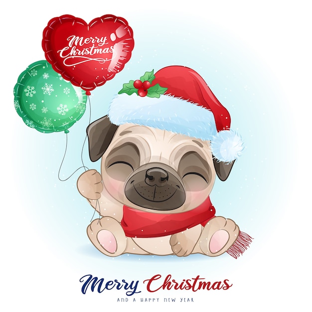 Doodle pug fofo para o dia de natal com ilustração em aquarela