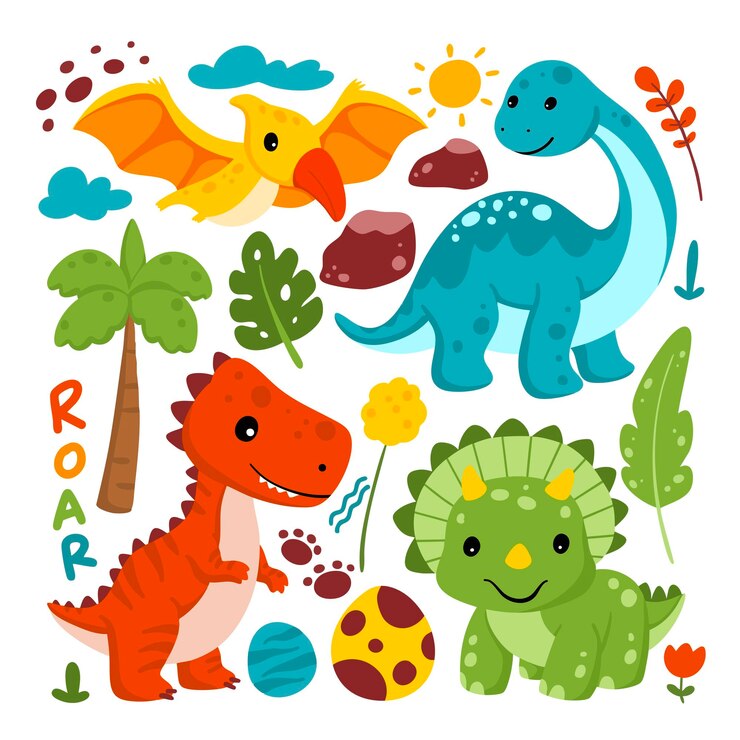 Vetor doodle set de dinossauros e elementos clipart