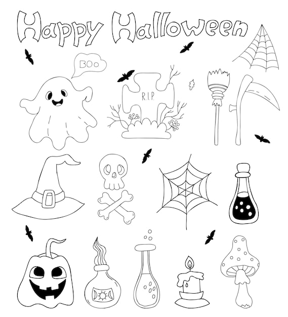 Doodle set halloween jack abóbora fantasma crânio e ossos cruzados sepultura e teia de aranha fly agaric contorno