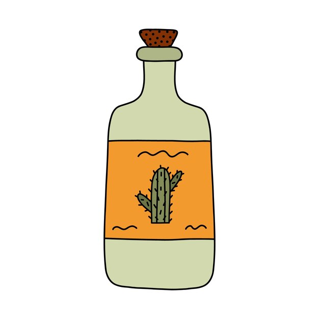 Vetor doodle simples desenhado à mão com contorno de garrafa de tequila com rótulo de cacto ícone de bebida de álcool mexicano tradicional em estilo colorido bebidas de festa e clipart de bebidas espirituosas isolado em fundo branco