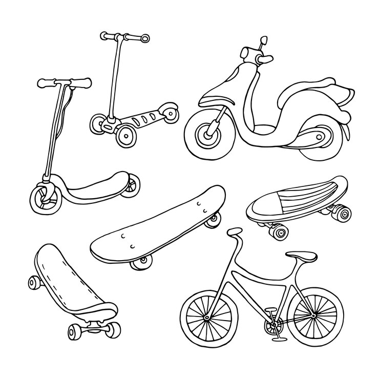 Vetor doodle sports sketch ilustração em preto do vintage scooter skate bike elemento de férias de verão