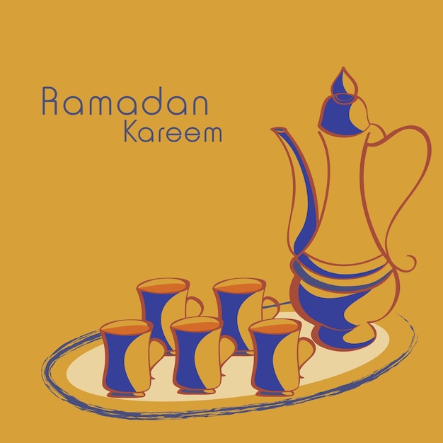 Vetor doodle style dallah com vidro em bandeja de fundo amarelo para ramadan kareem desenho de cartão de saudação