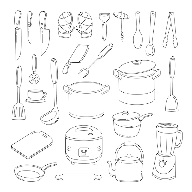 Doodle utensílios de cozinha desenhados à mão Set de esboço de utensílios de cozinha
