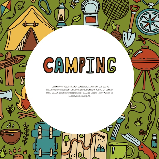 Doodle vector camping camping sketch caminhada iconshand desenhar ilustração para piquenique de verão na natureza equipamentos de acampamento