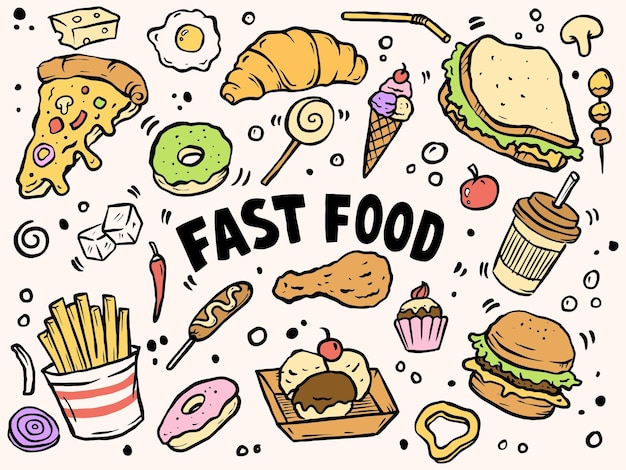 Vetor doodle vector fast food com mão desenhada