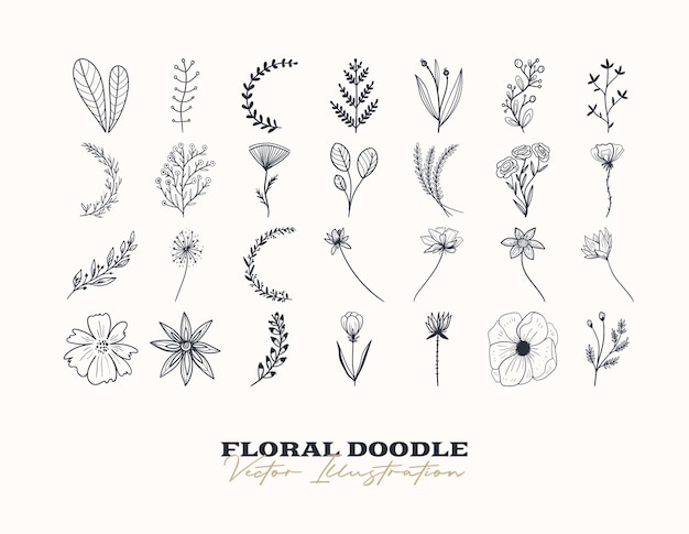 Doodle vector flowers set desenhado à mão elementos decorativos para design