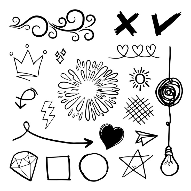 Vetor doodle vector set ilustração com mão desenhar linha arte estilo vetor. coroa, rei, sol, flecha, coração, amor, estrela, redemoinho, swoops, ênfase, para design de conceito