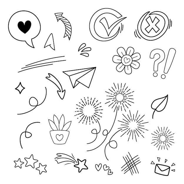 Vetor doodle vector set ilustração com mão desenhar linha arte estilo vetor. coroa, rei, sol, flecha, coração, amor, estrela, redemoinho, swoops, ênfase, para design de conceito