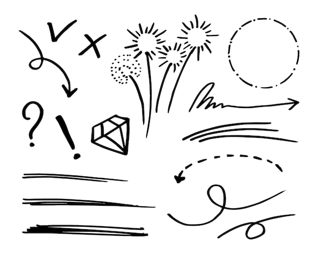 Doodle vector set ilustração com mão desenhar linha arte estilo vetor. coroa, rei, sol, flecha, coração, amor, estrela, redemoinho, swoops, ênfase, para design de conceito