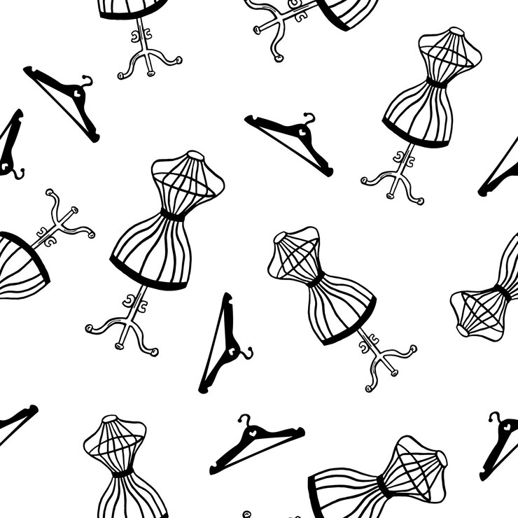 Vetor doodle vestidos e cabides sem costura fundo monocromático