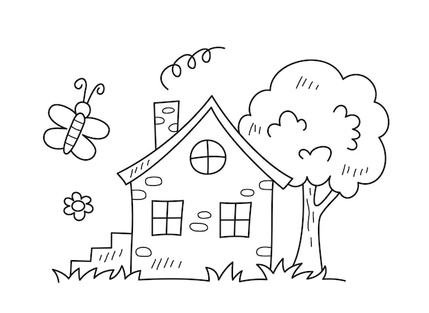 Desenho fácil para colorir: uma árvore e uma casa debaixo de um · Creative  Fabrica