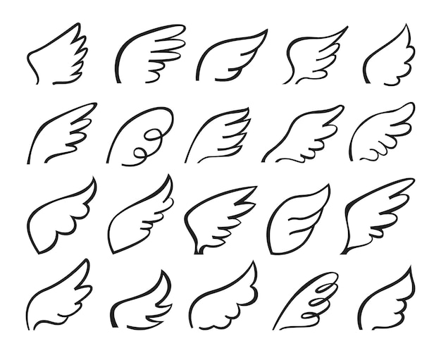 Doodle voador anjo asas logotipo estilizado esboço penas tatuagem esboço desenho conjunto
