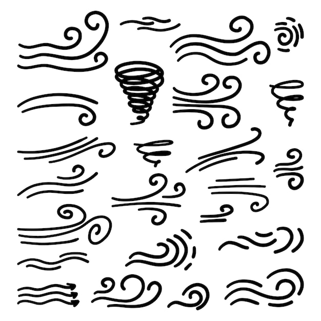 Doodle wind lines air sketch cartoon mão desenhada moinho de vento vetor onda clipart