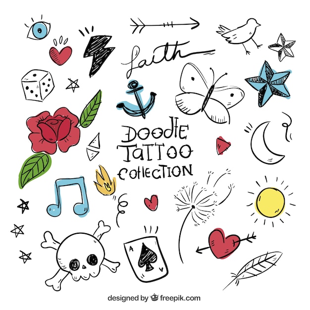 Doodles conjunto de tatuagens coloridas