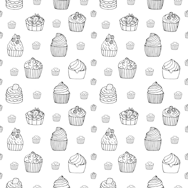 Doodles de desenho de mão de ilustração vetorial de padrão de cupcake sem costura